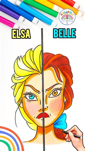 Draw Elsa and Belle Easy | Draw Angry Elsa and Belle Tutorial 🌈👸🏼 #Disney #drawing #shorts #angry