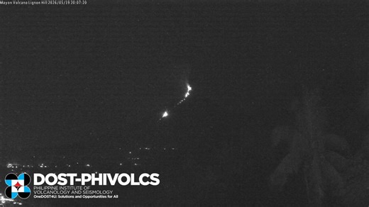 LOOK: Sped-up camera footage of lava effusion with collapse-fed pyroclastic density currents (PDCs) along Bonga and Mi-isi gullies recorded at 08:07PM today, 19 May 2026. Effusive eruption at Mayon Volcano continues for the 134th consecutive day, generating incandescent lava flows, pyroclastic density currents (PDC) or “uson”, and rockfalls. Alert Level 3 prevails over Mayon and entry into the 6-km Permanent Danger Zone must be prohibited.#MayonVolcano