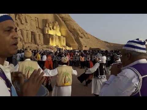 Rare illumination of Ramesses II statue in Abu Simbel at sunrise