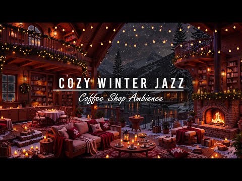 Snowy on Cozy Winter Coffee Shop Ambience⛄ Soft Jazz Instrumental Music & Crackling Fireplace Sounds