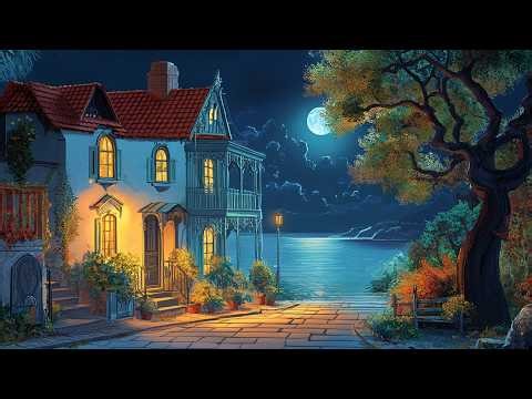 1930's peaceful seaside at night with classic oldies playing in another room for unwind, sleep