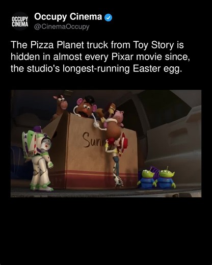 The Pizza Planet truck from Toy Story (1995) is a long-running Pixar Easter egg, a battered yellow pickup with a rocket mounted on the back. Pixar animators have hidden it in nearly every one of their feature films. The truck appears in movies including A Bug's Life, Monsters, Inc., Finding Nemo, Cars, and WALL-E. Its most cited absence is The Incredibles (2004), where it does not appear in the finished film. The gag started as an inside reference among the studio's animators. Follow @filmHouse_