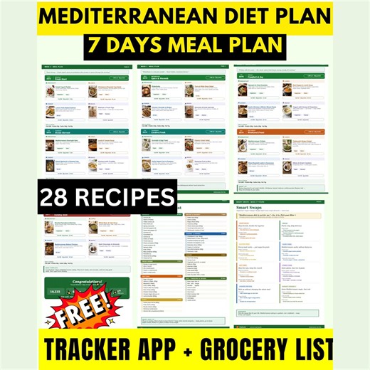 7-day Mediterranean Diet Meal Plan, Mediterranean Diet With 28 Recipes, Free Grocery List & Smart Swaps + Mediterranean Tracker - Etsy