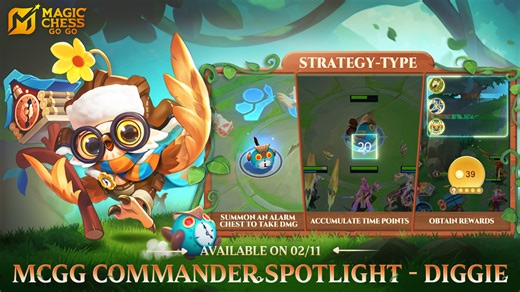 Magic Chess: Go Go (MCGG) is a new Auto Battler game developed by the original MLBB team. Diggie is a cute, scholarly owl with glasses. Though small in stature, he possesses great wisdom. He loves studying time, and he always carries a magical Alarm Chest that can lend crucial help when needed! Fight alongside Diggie, and he'll use his wisdom to calculate every step to victory! Season 5: Neon Guardians coming on 02/10! #MagicChessGoGo #MCGG #MCGGSeason5 #MCGGS5 #NeonGuardians | Magic Chess: Go G