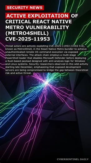 Cyber Sentinel Daily on Instagram: "Threat actors are actively exploiting CVE-2025-11953 (CVSS 9.8), known as Metro4Shell, in the React Native Metro bundler to achieve unauthenticated remote OS command execution via exposed external interfaces. The attack chain employs a multi-stage PowerShell loader that disables Microsoft Defender before deploying a Rust-based payload designed with anti-analysis logic for Windows and Linux systems. Security researchers observed in-the-wild activity starting la