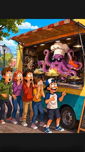 Octopus Runs a FOOD TRUCK?! 🐙🍔 Chaos Begins 😂#octopuschef #foodtruckfun #cartoonshorts #funnyanimals