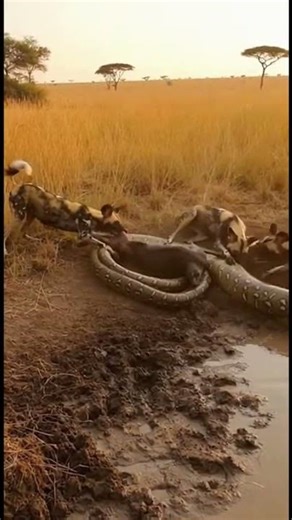 African Wild Dogs vs. Giant Python: Intense Savannah Encounter! #wildlife