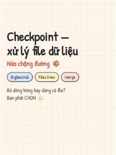 Học Java từ số 0 — Ngày 50/99: Checkpoint — xử lý file dữ liệu Ngày 50 của hành trình 99 Ngày Java 🚀 NỬA CHẶNG ĐƯỜNG! Trong video này bạn sẽ nắm: ✅ Tiền dùng BigDecimal — double cộng một triệu dòng là con số cuối SAI ✅ Kiểm tra ngay trong constructor của record: dữ liệu bẩn dừng TẠI CỬA ✅ Lỗi phải kèm SỐ DÒNG — file 200k dòng mà thiếu nó thì bạn có một câu đố ✅ Bỏ dòng hỏng hay dừng cả file? Nhập liệu tay vs đối soát ngân hàng khác nhau ✅ Map.merge thay cả cụm