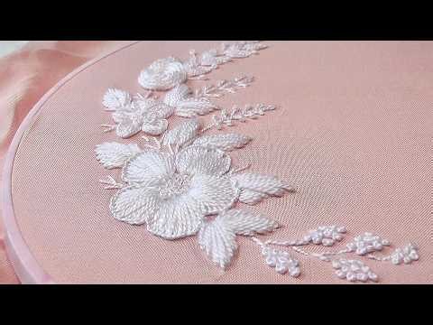 BEAUTIFUL WHITE FLOWERS WOOL EMBROIDERY