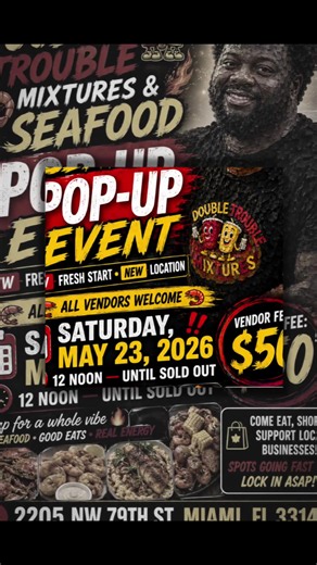 D™️ I’m the DJ 🔈🔉🔊 so I go POP 🆙 EVENT every Saturday ALL VENDORS WELCOME DOUBLE TROUBLE MIXTURES & SEAFOOD POP-UP 🔥 EVENT DoubleTroubleSeafood All Vendors Welcome $50 Fee Every Saturday Location 📍 2205 MW 79th St Miami Fl, 33147 This Opportunity Is To Help Other BUSINESSES GROW 🪴 ##HOMEOFTHESEAFOODOPEN Monday through Sunday you can Call Or Text 3)922-0531 if I’m not at the LOCATION Mixtures T Double Avocado 🥑 ConchSalad 🐚🍅🫑🥒🥭🍋🥗 TropicalConchSalad 🌴 ConchMakeItThump 🙌🏾 ConchMan