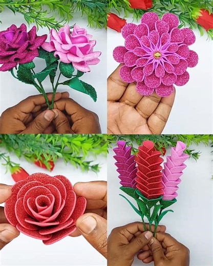 Beautiful eva glitter paper flower making very easy tutorial at home - Valentine's day room decoration ideas with paper flower #flowers #handmade #decor | Origami Art & Crafts