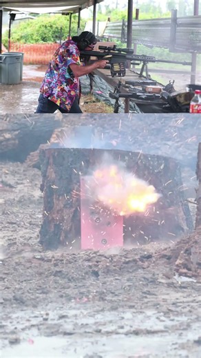 50cal Fostech drum full of Armor Piercing Incendiary rounds against a 3/4 steel plate. @FosTecH