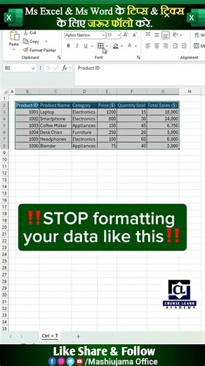 Professional Table in Excel 🔥😍 #shorts #excel #exceltricks