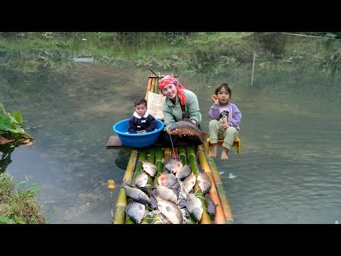 How to trap giant river fish using a bamboo boat to sell at the market - cooking with my little son
