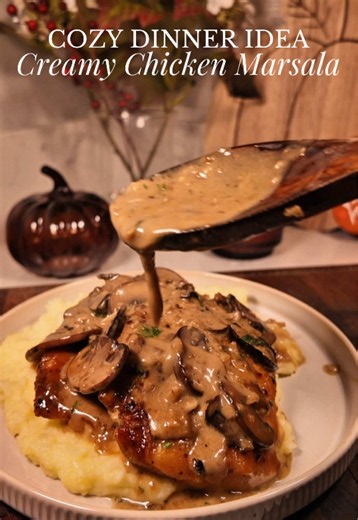 Cozy Dinner Idea 🤎 Creamy Chicken Marsala 🍄 INGREDIENTS For the Chicken: • 2 large chicken breasts, sliced horizontally into 4 cutlets • Kinder’s Grilled Chicken Seasoning • Salt, to taste • ½ cup all-purpose flour • 2 tbsp olive oil • 2 tbsp unsalted butter For the Marsala Sauce: • 8 oz baby bella mushrooms, sliced • 1 shallot, finely diced • 3–4 garlic cloves, minced • ¾ cup Marsala cooking wine • ¾ cup chicken broth • ½ cup heavy cream • 3–4 sprigs fresh thyme • Salt & black pepper, to tast
