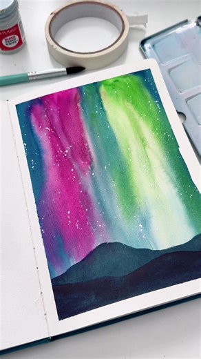 Guys! The scheduler app didn't post this! I'm so sorry it's late! This is day 3 of our 2026 sketchbook project! Supplies are my brand and art at https://www.adreamoradayart.com/ Supplies: Watercolor sketchbook 24 color essential palette Size 8 round brush Artist tape Dr martins bleed proof white The key to this one is to pick up your book and let the water flow down the page. You can add more paint as needed, but try not to mess with it too much. Just let it dry and when you add the mountains, i