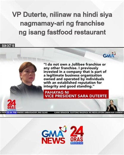 VP Duterte, nilinaw na hindi siya nagmamay-ari ng franchise ng isang fastfood... | 24 Oras Weekend