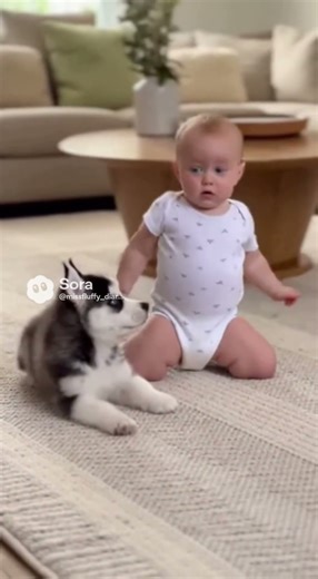 Husky Puppy and Baby Learning to Walk
