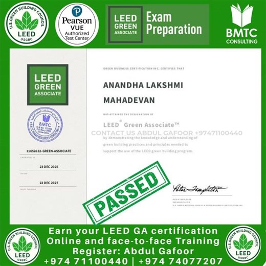 Congratulations Ms. Anandha Lakshmi Mahadevan | LEED Green Associate Certified!