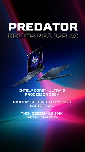 Unleash ultimate power with the #PredatorHeliosNeo 16S AI 🔥 Equipped with up to an Intel Core Ultra 9 processor 386H and NVIDIA GeForce RTX 5070 Laptop GPU with Copilot PC experience, all built into a slim metal chassis. Are you ready to dominate performance and style? 👀 #PredatorNewProduct #GeForce #RTXON @NVIDIAGeForce @IntelGaming Discover more: https://www.acer.com/gb-en/predator/laptops/helios/helios-neo-16s-ai | Predator Gaming