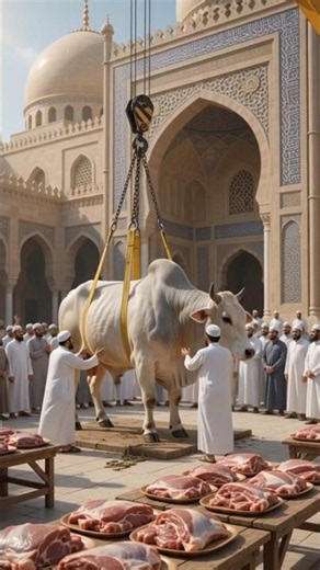 Suasana Kurban Spektakuler di Masjid Megah: Sapi Putih Diangkat Lowbed Trailer ‼️ #shorts #cow #sapi