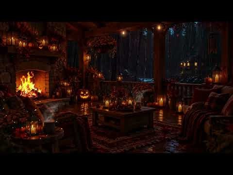 Peaceful Cozy Halloween Night Ambience (No Ads) 🎃 Soft Rain & Warm Fireplace for Deep Sleep