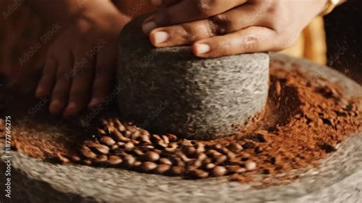 Hands Grinding Coffee Beans with Stone Tool on Stone Surface Revealing Powder Close Up in Dim Light Setting Authentic