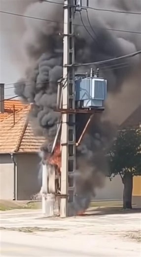 Jane Hodges on Instagram: "Experience the raw, heart-pounding intensity of an electrical transformer fire in this gripping 10-second video shot in a suburban neighborhood. Watch as thick black smoke billows from a concrete utility pole engulfed in flames, accompanied by spectacular electrical explosions erupting from a nearby blue transformer box. The contrasting colors of the roaring orange flames against the clear blue sky and the terracotta red-tiled roof of a nearby house make for a breathta