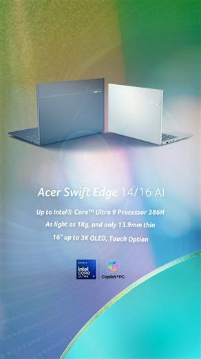 Meet the new #AcerSwift Series, powered by Intel® and built for the AI era 👋 From ultra-portable design to immersive OLED displays and next-level performance, there’s a Swift for every kind of creator, innovator, and achiever. https://www.acer.com/swift-edge-14-16-ai-intel https://www.acer.com/acer-swift-16-ai https://www.acer.com/acer-swift-go-14-16-ai-intel #AcerNewProduct *Touchpad claim based on Acer internal market analysis (Dec 15, 2025) comparing Swift 16 AI with 37 haptic-touchpad noteb