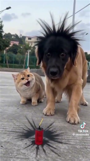 Hilarious explosion prank between cat and dog