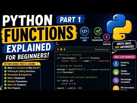 Python Functions Explained for Beginners | Functions, Parameters, Arguments & Return 🐍
