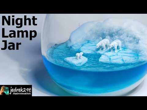 Polar Bears on Ice in JAR. Night Lamp Diorama / Epoxy Resin Art