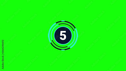 Circular countdown timer animation from 10 to 0 seconds with futuristic hud ring on green screen