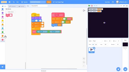 动手编个趣味太空射击游戏——第1集：移动与射击（Scratch 教程） -griffpatch