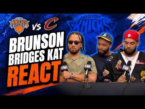 Jalen Brunson, Mikal Bridges and Karl-Anthony Towns react after game 1 win vs Cavs