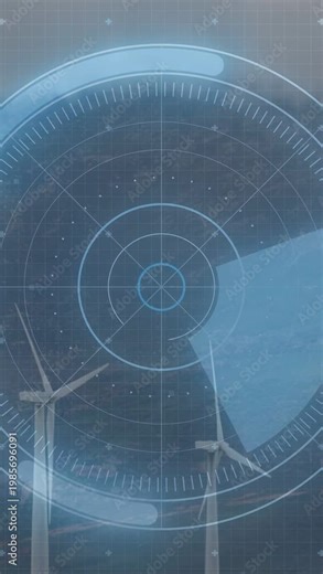 Radar starting sweep from lower left rotating clockwise lighting wind turbines, monitoring output