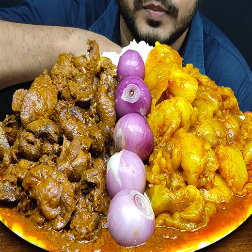 Eating Mutton Fat Curry, Chicken Liver And Gizzard Curry, Chili, Onion, Tomato With Rice 😋😋 | Eating Express