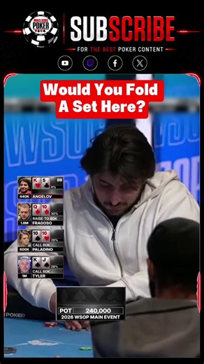 Could You Ever Fold This Set?A flopped set turns into a terrifying spot on Day 5 of the 2026 WSOP Main Event. With a four-liner to a straight on board and her tournament life at stake, would you make the call?Watch the WSOP Main Event stream LIVE on ESPN digital and YouTube in select territories.