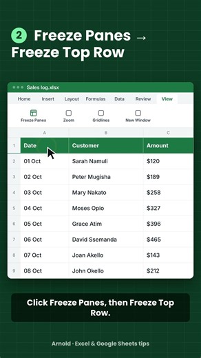 Keep Headers Visible When You Scroll in Excel (Freeze Top Row) #shorts