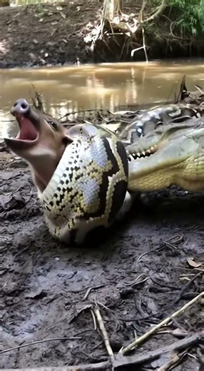 Intense Wildlife Moment | Python Attacks Piglet in Swamp Forest