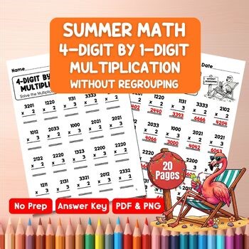 4-Digit by 1-Digit Multiplication Without Regrouping Worksheets | Summer Math