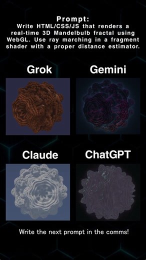 ChatGPT vs Gemini vs Claude vs Grok — Real-Time 3D Mandelbulb Fractal (WebGL / HTML/CSS/JS)
