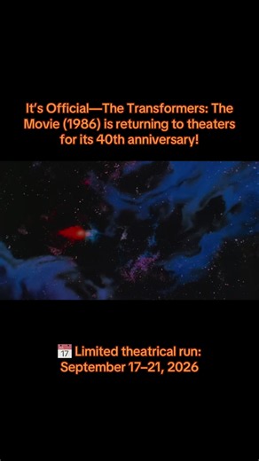 ONE SHALL STAND. ONE SHALL FALL. Experience the animated epic that changed TRANSFORMERS forever. THE TRANSFORMERS: THE MOVIE returns to theaters for its 40th anniversary, beginning September 17 in stunning 4K. ⭐Bonus content: This time the story doesn't end when the credits roll! This anniversary release includes an all-new post-credits chapter created exclusively for the theatrical event. get your first look at a new chapter of the Transformers story. #transformersthemovie #transformers #40than