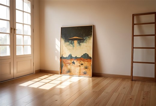 Cowboy UFO Wall Art Printable | Western Ranch Decor With Alien Spaceship | Retro Sci Fi Cowboy Desert Art - Etsy