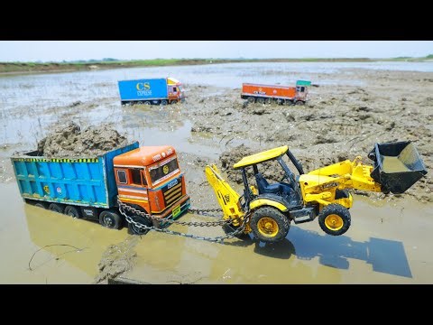 Cartoon Video | BharatBenz Container Volvo Dumper Accident Muddy Pond Pulling JCB 3DX Crane ? CS Toy