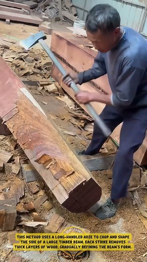 Shaping Solid Timber Beam using Long-Handled Adze – Good Tools and Machinery in Daily Work