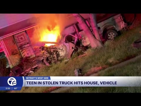 Teen crashes into home, innocent driver; stolen truck catches fire