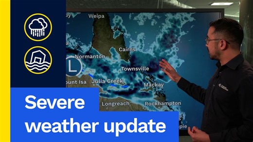 Severe Weather Update: Heavy rain eases, flooding continues for Queensland. Video current: 12:00pm AEST 1 January 2026. For the latest forecasts and warnings, go to www.bom.gov.au or the BOM Weather app. | Bureau of Meteorology