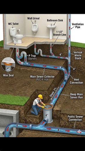 ðŸ—ï¸ The Vertical Stack and Vent Connection In the image, you can see where the Ventilation Pipe (with the red arrows pointing up) meets the Vertical Waste Stack. This junction is a masterpiece of engineering. 1. The Relief Valve of the House When water from the Bathroom Sink or Wall Urinal drops down into that vertical pipe, it displaces air. * The Pressure Problem: If that air had nowhere to go, it would create "back-pressure" that could blow bubbles up through your toilet or sink. * The Ve