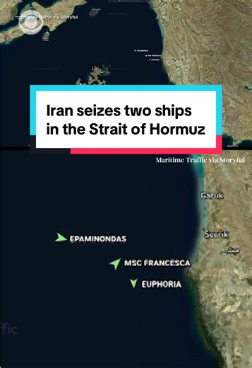 Data from the ship-tracking website MarineTraffic showed two container ships stopped off the coast of Iran near the Strait of Hormuz early on Wednesday: the Panama-flagged MSC Francesca and the Greek-operated Epaminondas. The IRGC confirmed Wednesday that the two ships